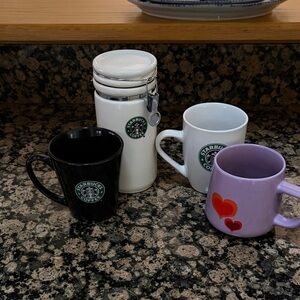 Starbucks Black, White, and Purple Mug Set with Canister